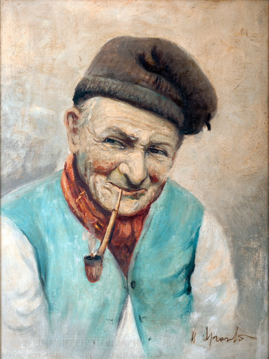 VIS Fine Art Gallery : "Old Man with Pipe": Antique Oil Painting on