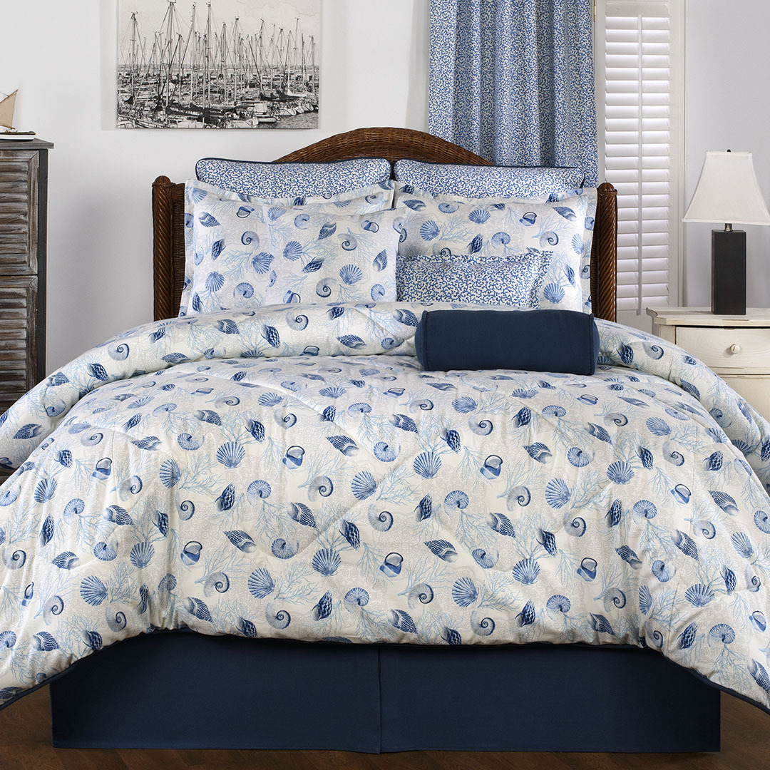 9pc Blue White Seashell And Coral Design Comforter Set Queen Ebay