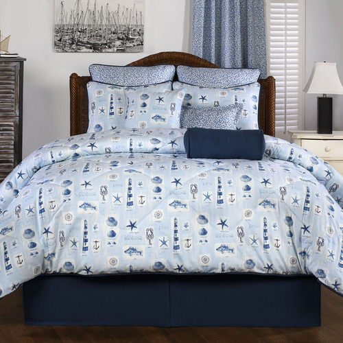 10pc Blue Off White Lighthouse And Sea Life Design Comforter Set