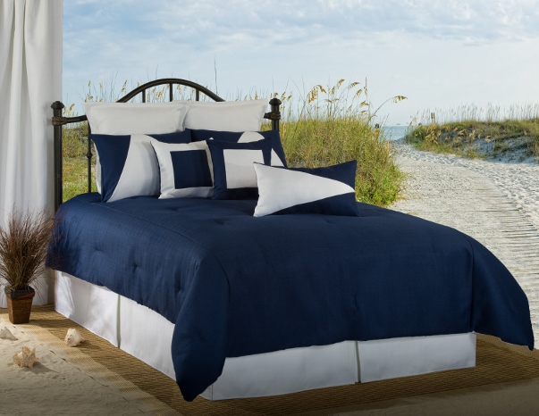 4pc White Navy Blue Solid Color Nautical Style Linen Weave