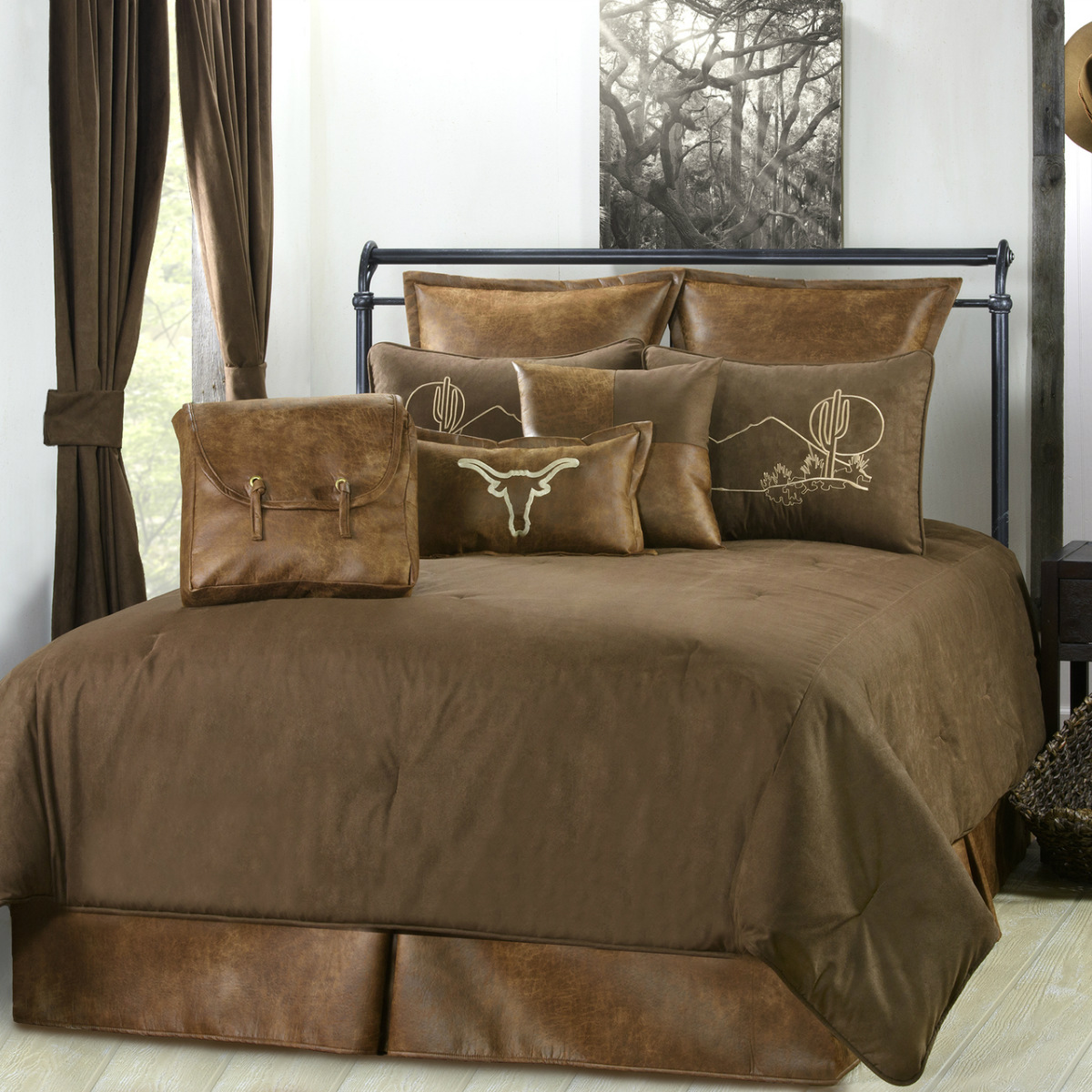 10pc Dark Brown Southwestern Faux Leather Microfiber Comforter Set