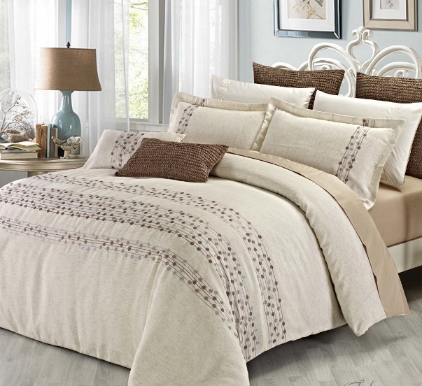 3pc Modern Linen Taupe Embroidered Duvet Set Queen Ebay