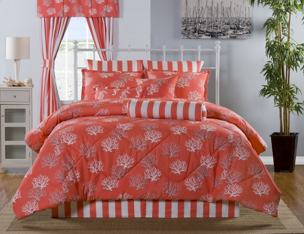 coral comforter set with curtains