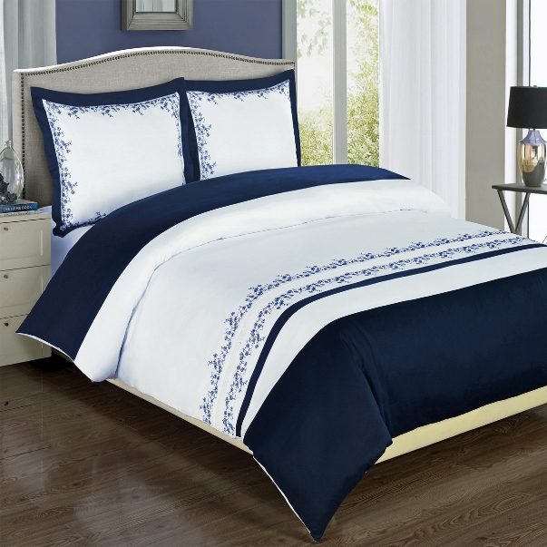 4pc Navy Blue White Embroidered 100 Egyptian Cotton Comforter Set Full Queen Ebay