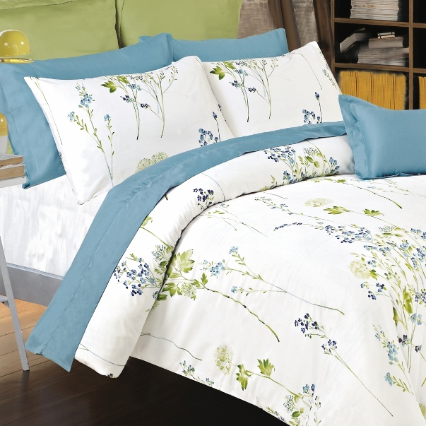 3pc Blue Green White Fl Design 200tc Combed Cotton Duvet Cover