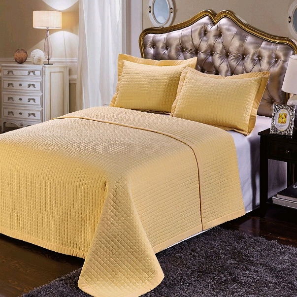 3pc Gold Quilted Checkered Wrinkle Free Reversible Coverlet Set