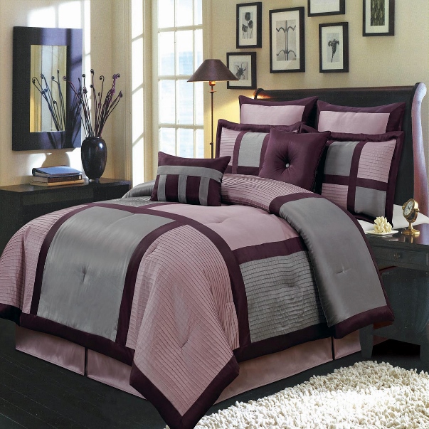 8pc Purple Gray Color Block Design Comforter Set Cal King Ebay