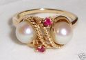 Vintage JTC 967 14K Yellow Gold Pearl & Ruby Ring 