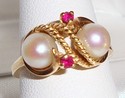 Vintage JTC 967 14K Yellow Gold Pearl & Ruby Ring 