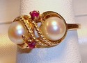 Vintage JTC 967 14K Yellow Gold Pearl & Ruby Ring 