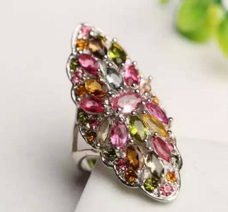 silver mixcolor tourmaline crystal ring TS0003