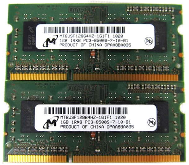 Micron 2GB RAM Kit 2x1GB DDR3 Memory PC3-8500 1066Mhz SODIMM ...