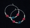 Woven Blue, Black and Pink Paper Bead Silver Hoop 