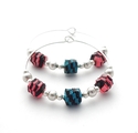 Woven Blue, Black and Pink Paper Bead Silver Hoop 