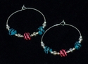 Woven Pink, Black and Blue Paper Bead Silver Hoop 