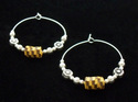 Woven Dark Yellow and Brown Paper Bead Silver Hoop