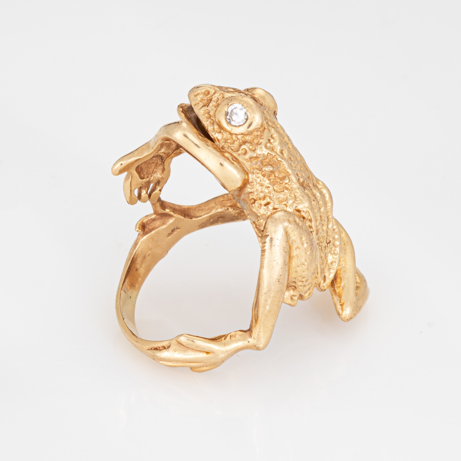 70s Vintage Frog Ring Heavy 14k Yellow Gold Diamond Eyes 8.5