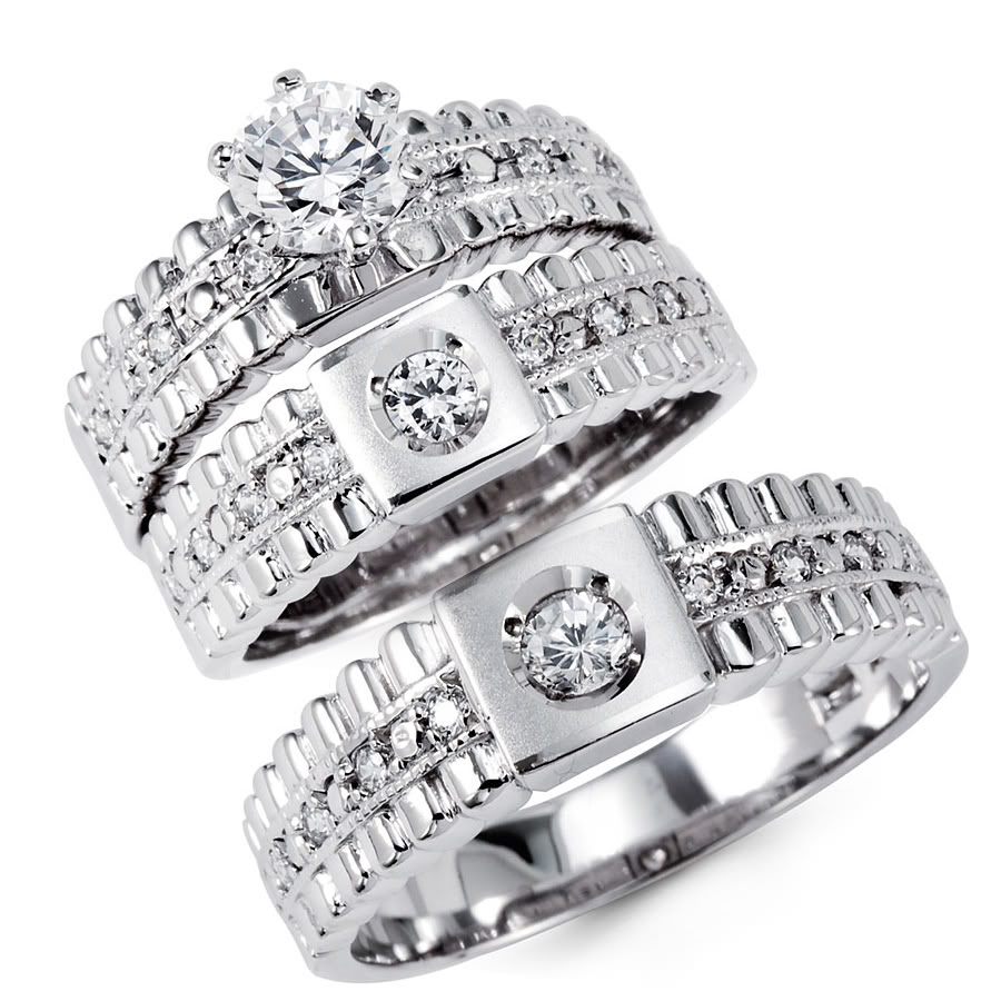 14K Solid White Gold CZ Engagement Wedding 3 Ring Set, 14k