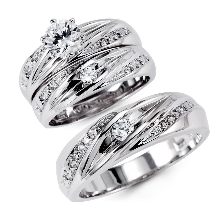 14K Solid White Gold CZ Engagement Wedding 3 Ring Set 14k White Gold   R68 17C 