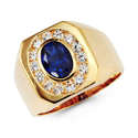14K Solid Yellow Gold Mens Fancy Oval Blue CZ Ring