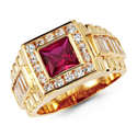 14K Solid Yellow Gold Mens Fancy Princess Red CZ R