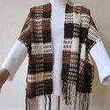 Handmade 3-color Plaid Crochet Shawl with Fringes