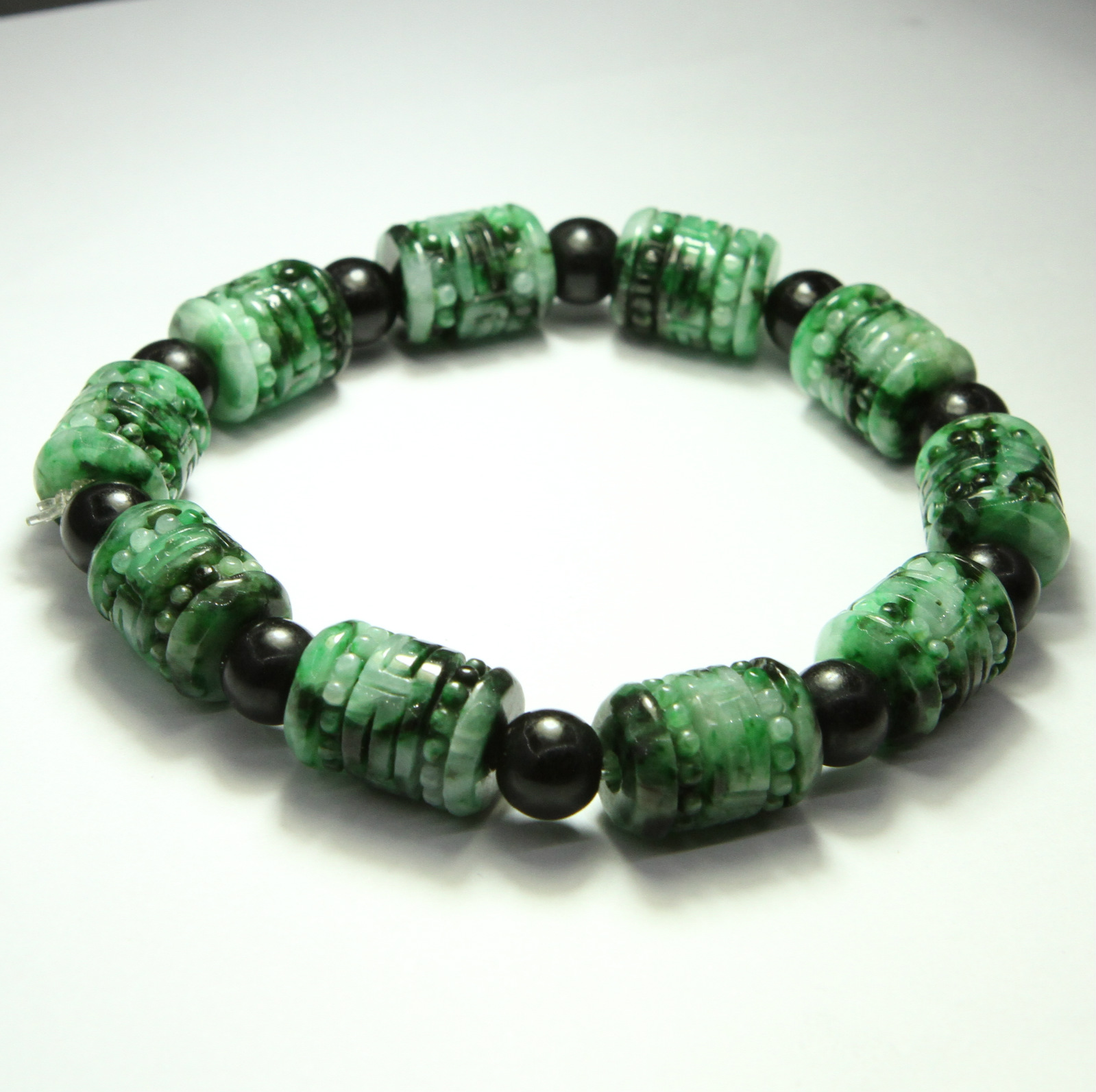 Fine Carved Burmese Imperial Green Jade Jadeite Beads Green Bracelet