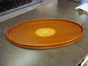 Large Oval Inlaid Wooden Tray with Brass Handles