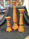 Set, 3 Rustic Red & Gold Carved Wood Candleholders