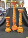 Set, 3 Rustic Red & Gold Carved Wood Candleholders