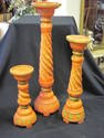 Set, 3 Rustic Red & Gold Carved Wood Candleholders