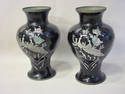 Pair of Unique Black Vases - MOP Inlaid Peacocks