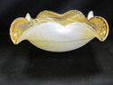 Blown Glass Curled Edge Bowl - Tan and Gold Swirls