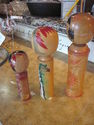 Set of Three Vintage Kokeshi Wood Dolls - Hand Pai