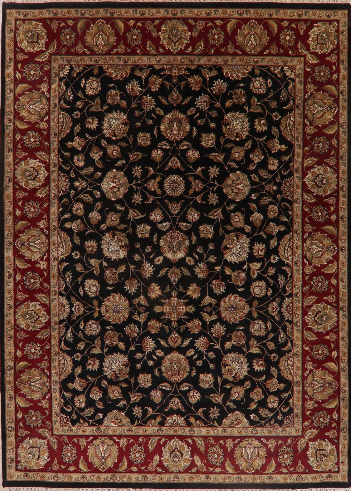 BLACK/BURGUNDY Floral Agra Oriental Area Rug Wool Hand-Knotted Living
