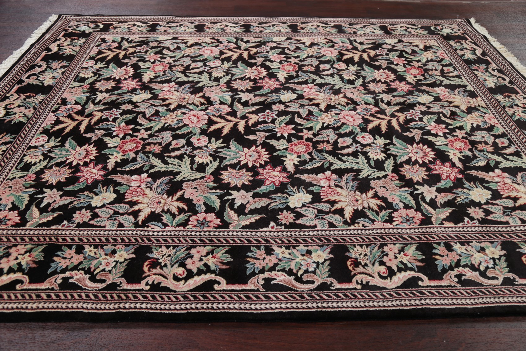 AllOver Floral Aubusson Chinese Area Rug Wool Handmade BLACK Living