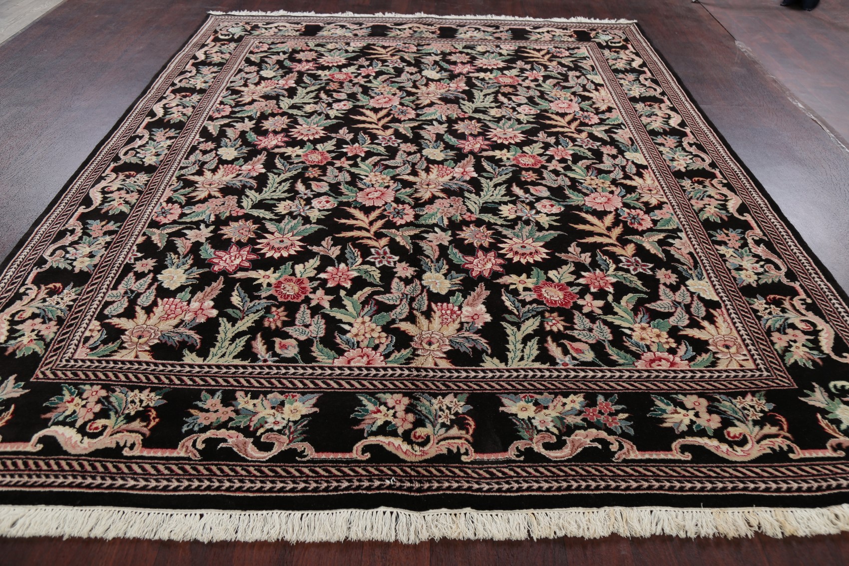 AllOver Floral Aubusson Chinese Area Rug Wool Handmade BLACK Living