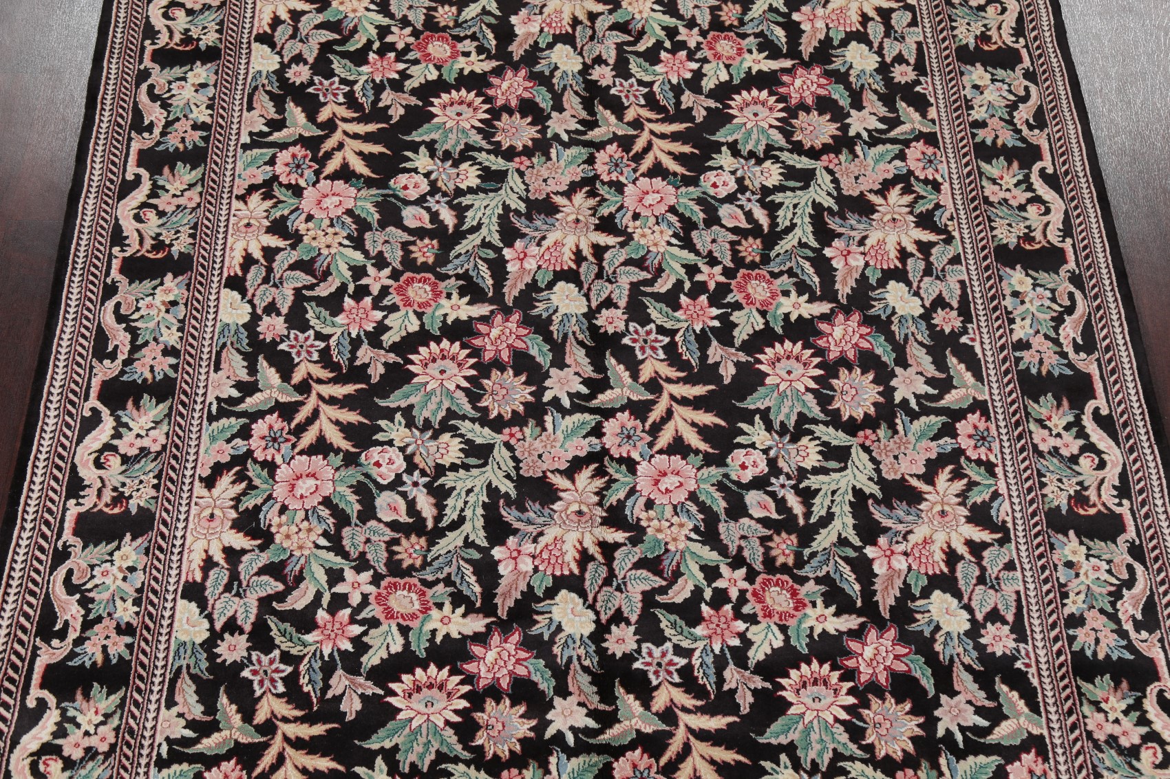 AllOver Floral Aubusson Chinese Area Rug Wool Handmade BLACK Living