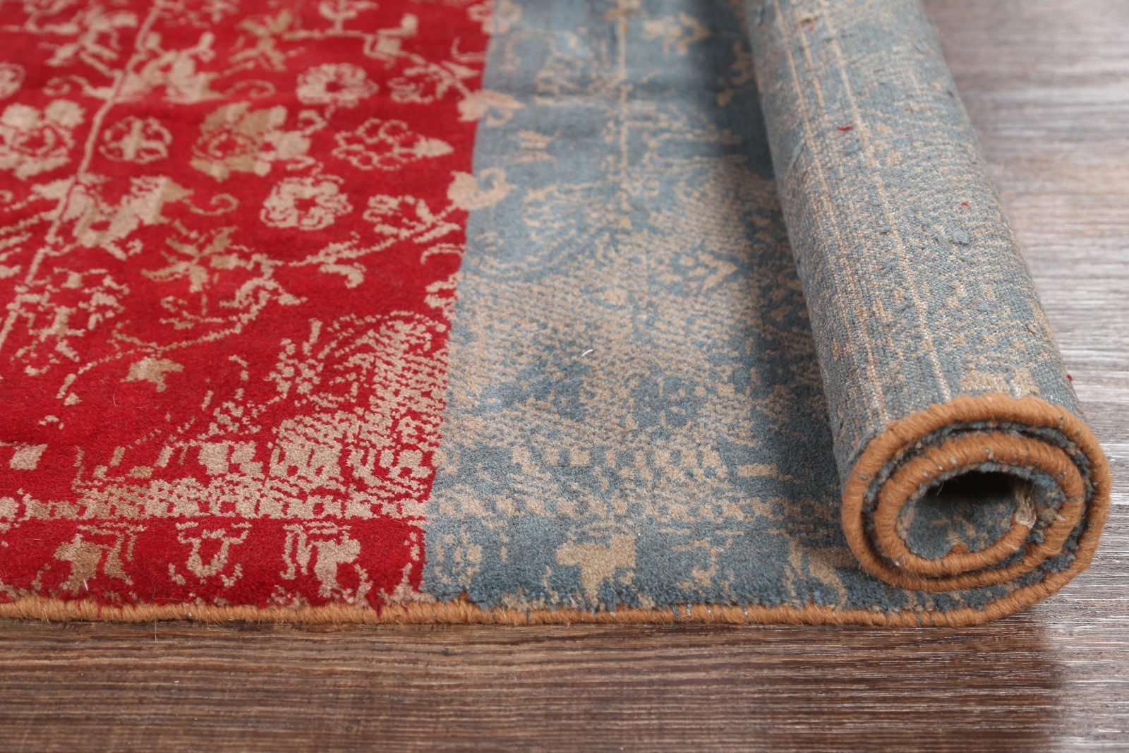 Floral Distressed Red/Blue Area Rug handKnotted Wool Carpet