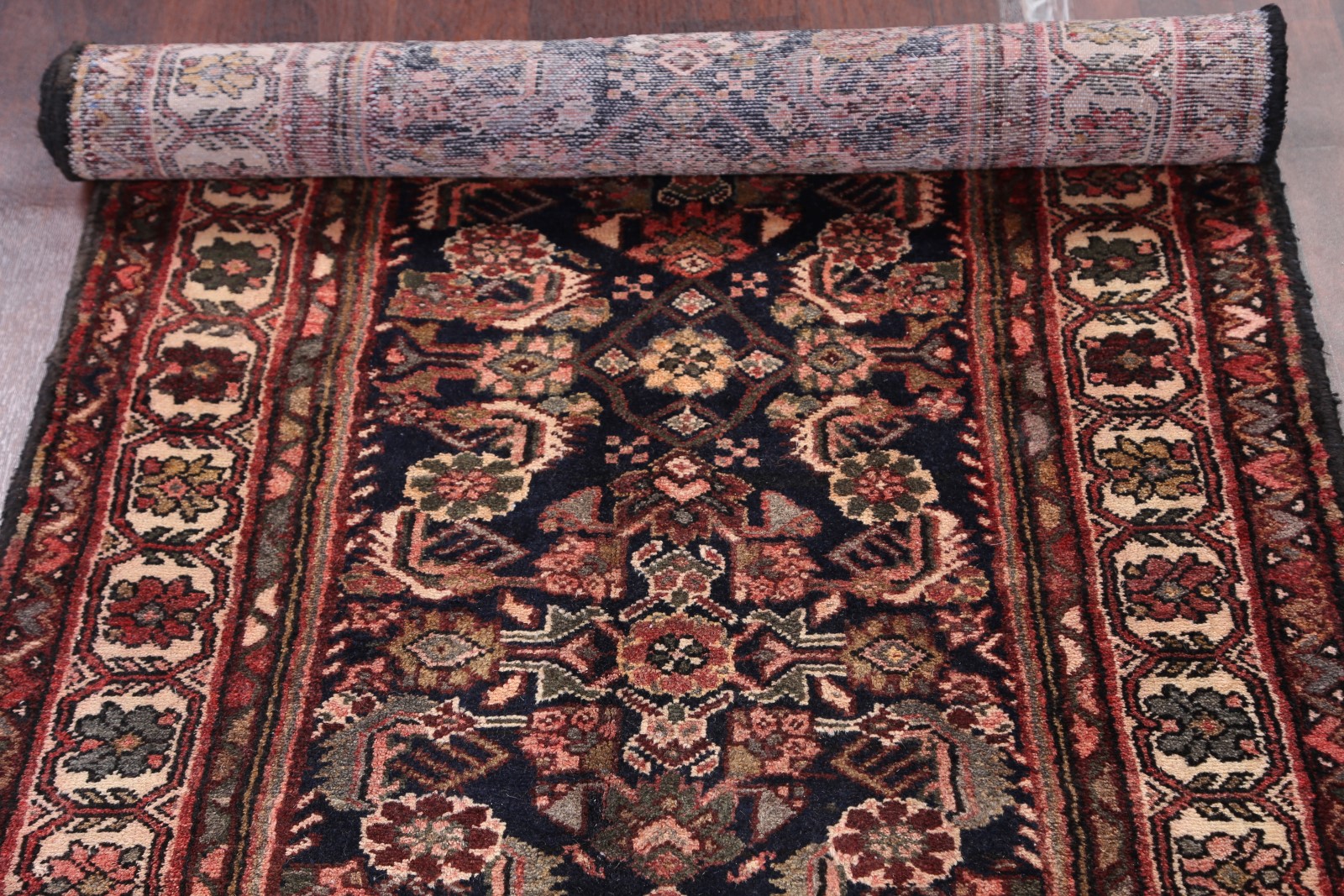 Vintage Navy Blue/Coral 13 ft Long Runner Hamadan Oriental Wool Rug