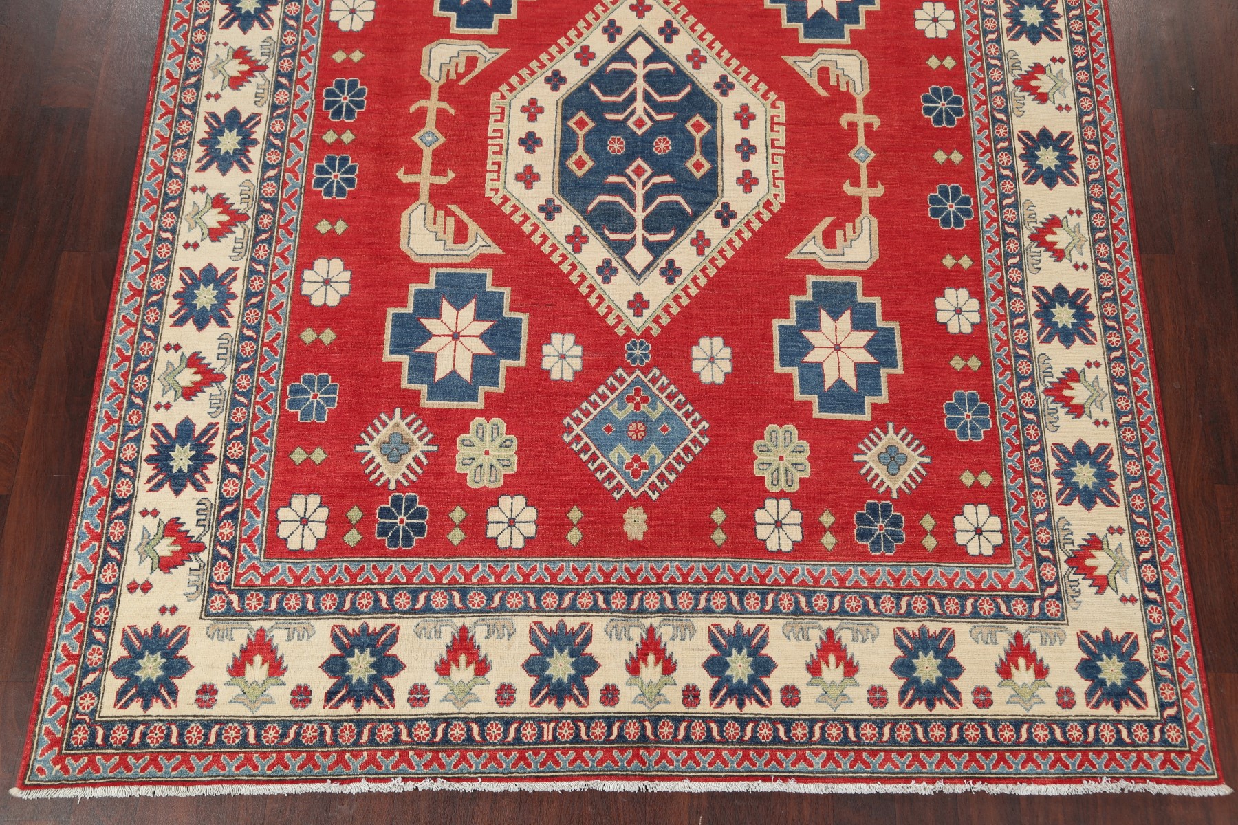 8x10 Red Blue Ivory Wool Pakistan Kazak Hand-Knotted Oriental Rug