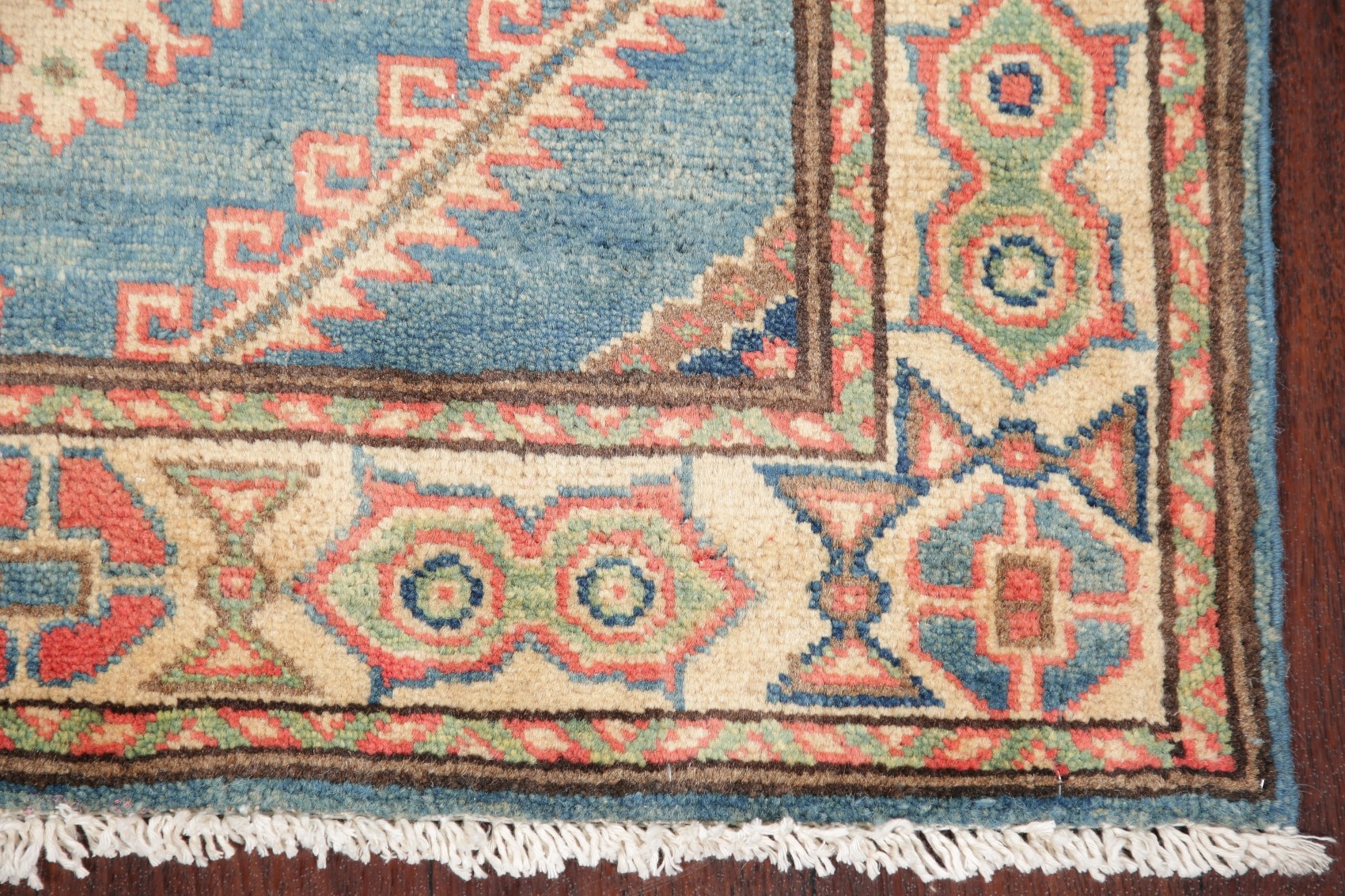 Breathtaking Light Blue/Ivory/Coral Kazak Geometric Oriental Runner Rug
