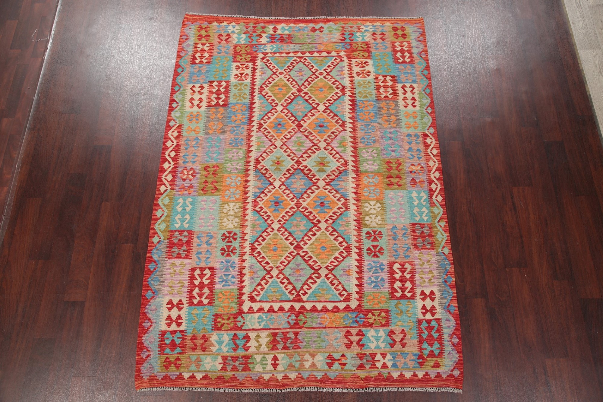 Red Turquoise Blue Turkish Kilim Area Rug Hand-Woven Oriental Wool