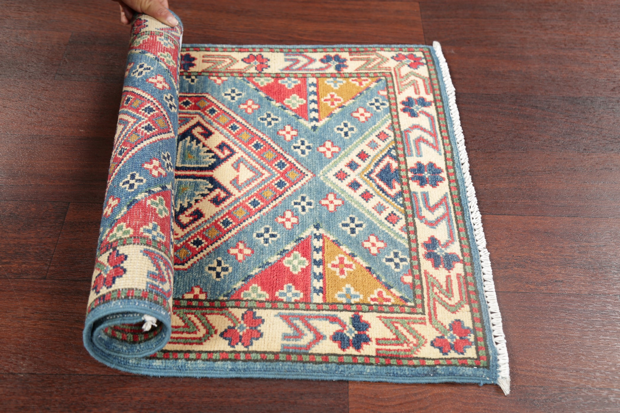 Geometric 2'x3' LIGHT BLUE Super Kazak Oriental Kitchen Rug Hand