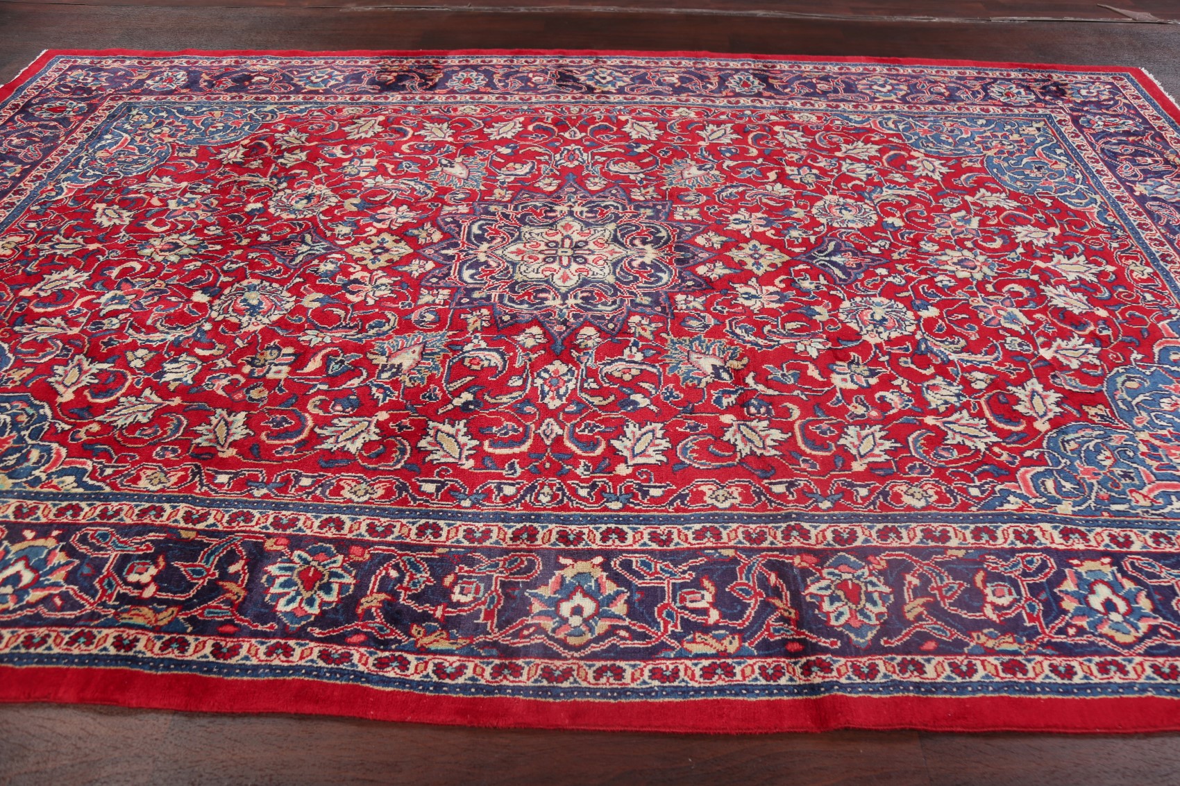 Excellent Vintage Floral RED BLUE Sarouk Area Rug Hand ...