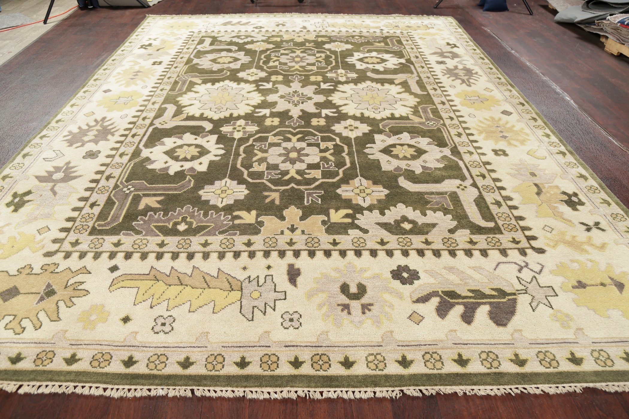 Geometric MOSS GREEN Oushak Oriental Area Rug Wool Hand-Knotted Home