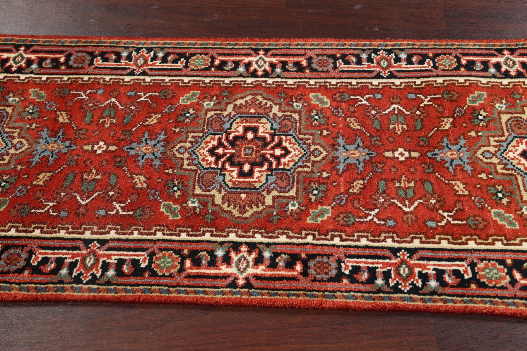 Geometric Indo Heriz Handknotted Oriental Runner Rug Wool Hallway