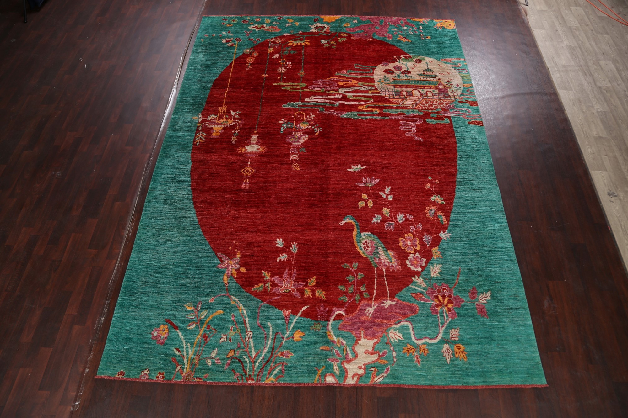 RED/TEAL 9x12 Pictorial Art Deco Nichols Chinese Oriental Area Rug Hand