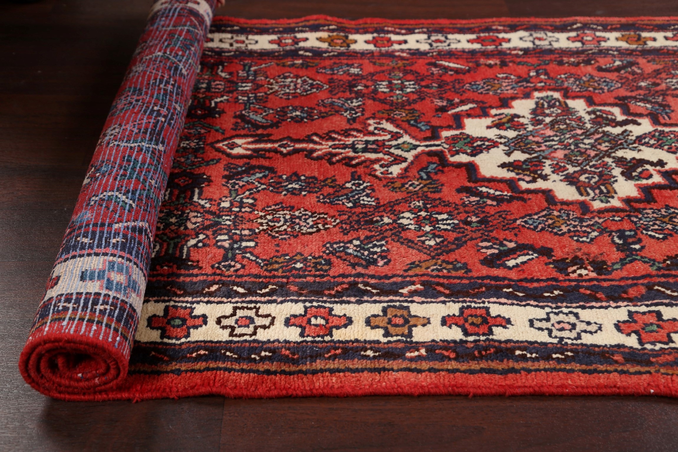 Vintage Geometric Handknotted RED Runner Rug Staircase Oriental 4'x10