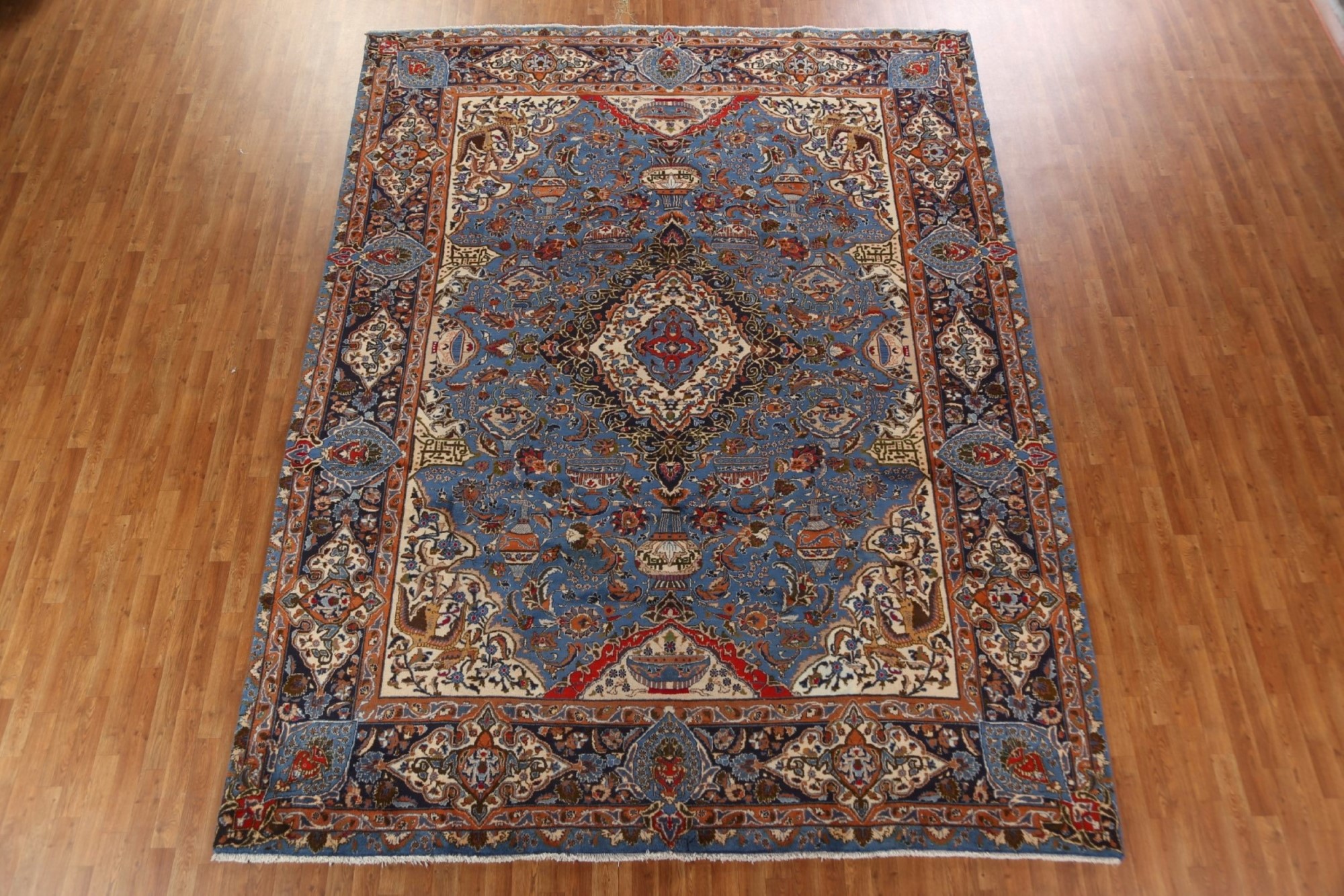 Hand Knotted Pictorial Wool & Silk Persian Rug 2x4 Blue Isfahan 